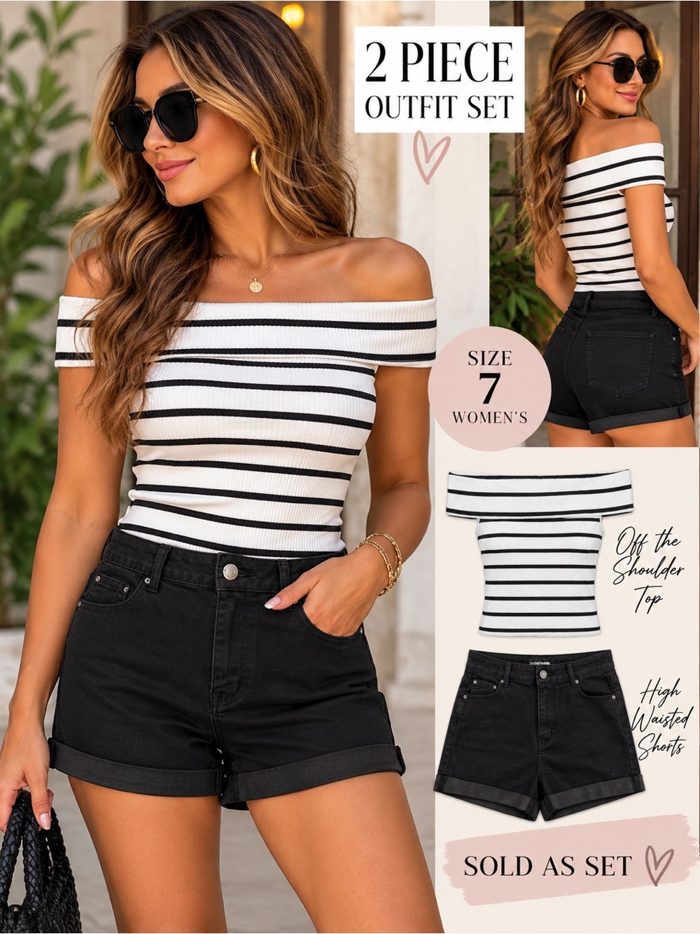 2-Piece Black & White Off-Shoulder Top + High-Waisted Shorts Outfit